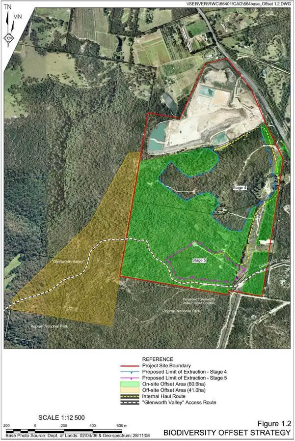 Map showing on left Glenworths proposed offset land, Right The proposed quarry with offsets. And white dotted line Proposed new access road into Glenworth Valley