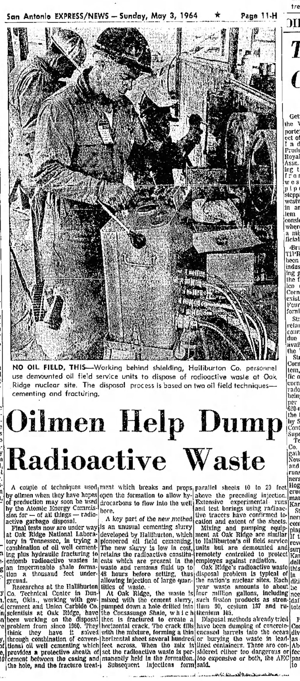 Shock - Fracking Used to Inject Nuclear Waste Underground for Decades - May 3, 1964 edition of the San Antonio Express News