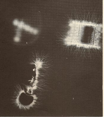 Kirlian photograph of Uri Geller’s bioenergy directed at wristwatch. Image credit: H.S. Dakin (High-Voltage Photography, p. 30).